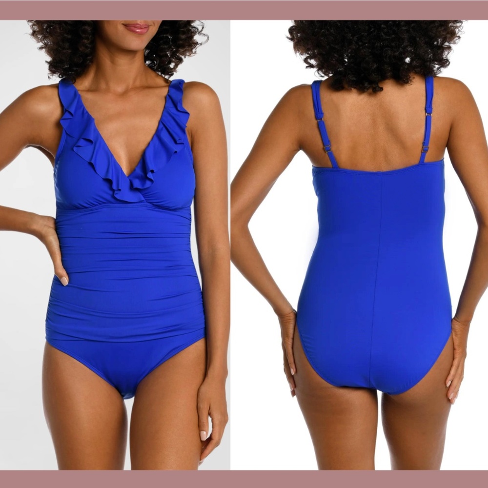 NWT $120 La Blanca [ 16 ] Island Goddess Ruffle Surplice One Piece Sapphire Blue